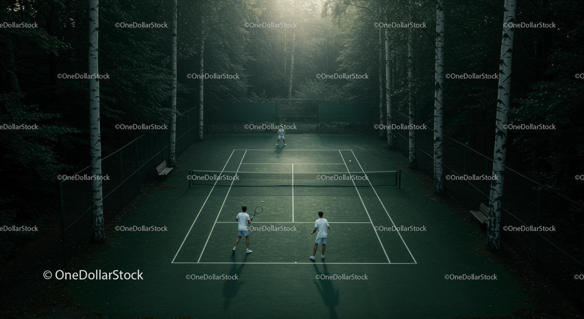 Tennis Match Amidst Serene Forest Setting