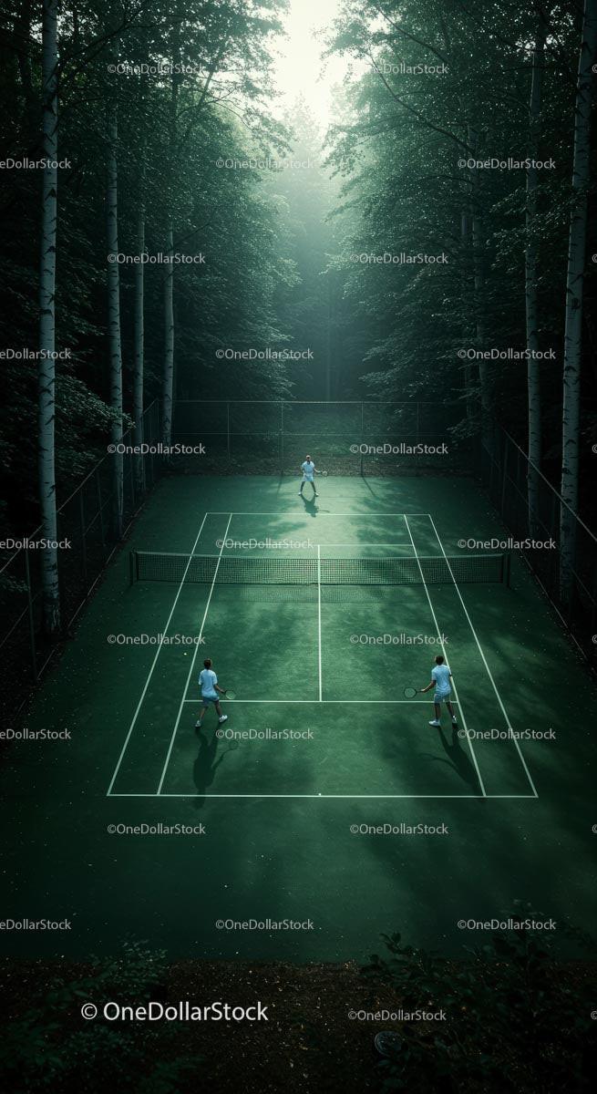 Tennis Doubles Match in a Serene Forest Setting