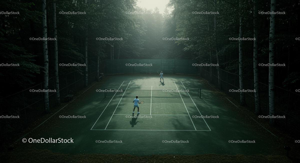 Tennis Match Amidst Serene Forest Backdrop