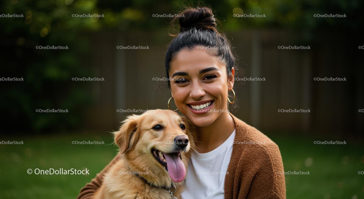 Woman Enjoying Time with Her Golden Dog in a Garden