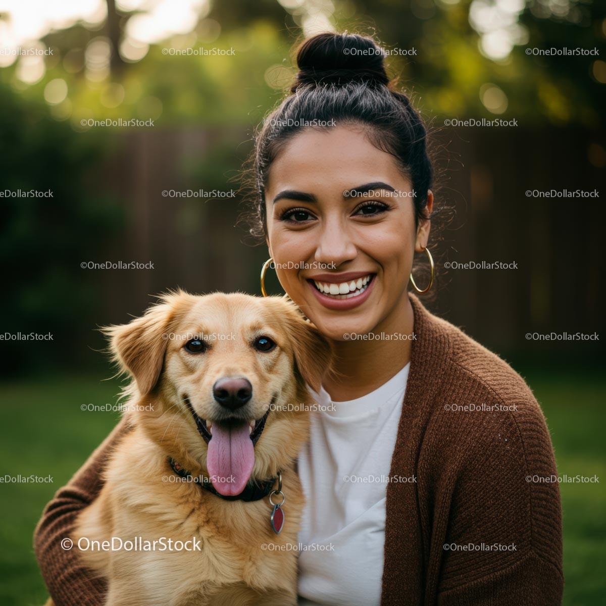 Woman Smiling with Golden Retriever in Sunny Backyard