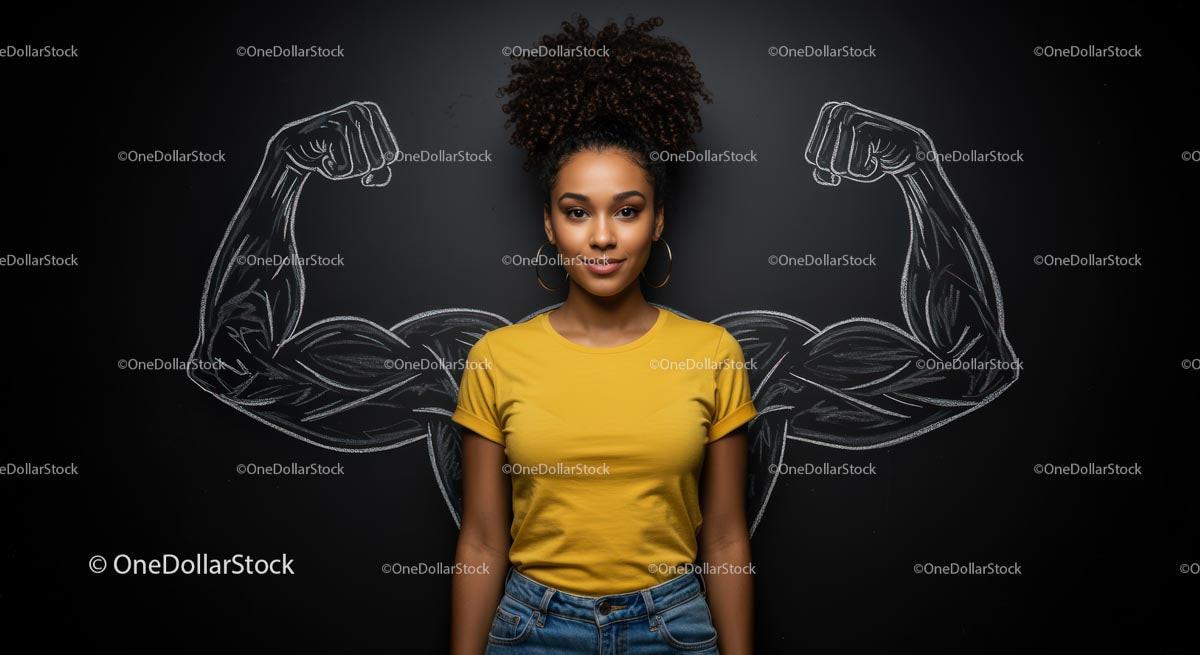 Confident Woman with Chalkboard Art of Muscular Arms