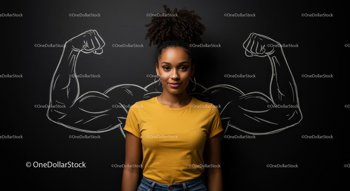Confident Woman in Yellow T-Shirt with Chalk Muscles