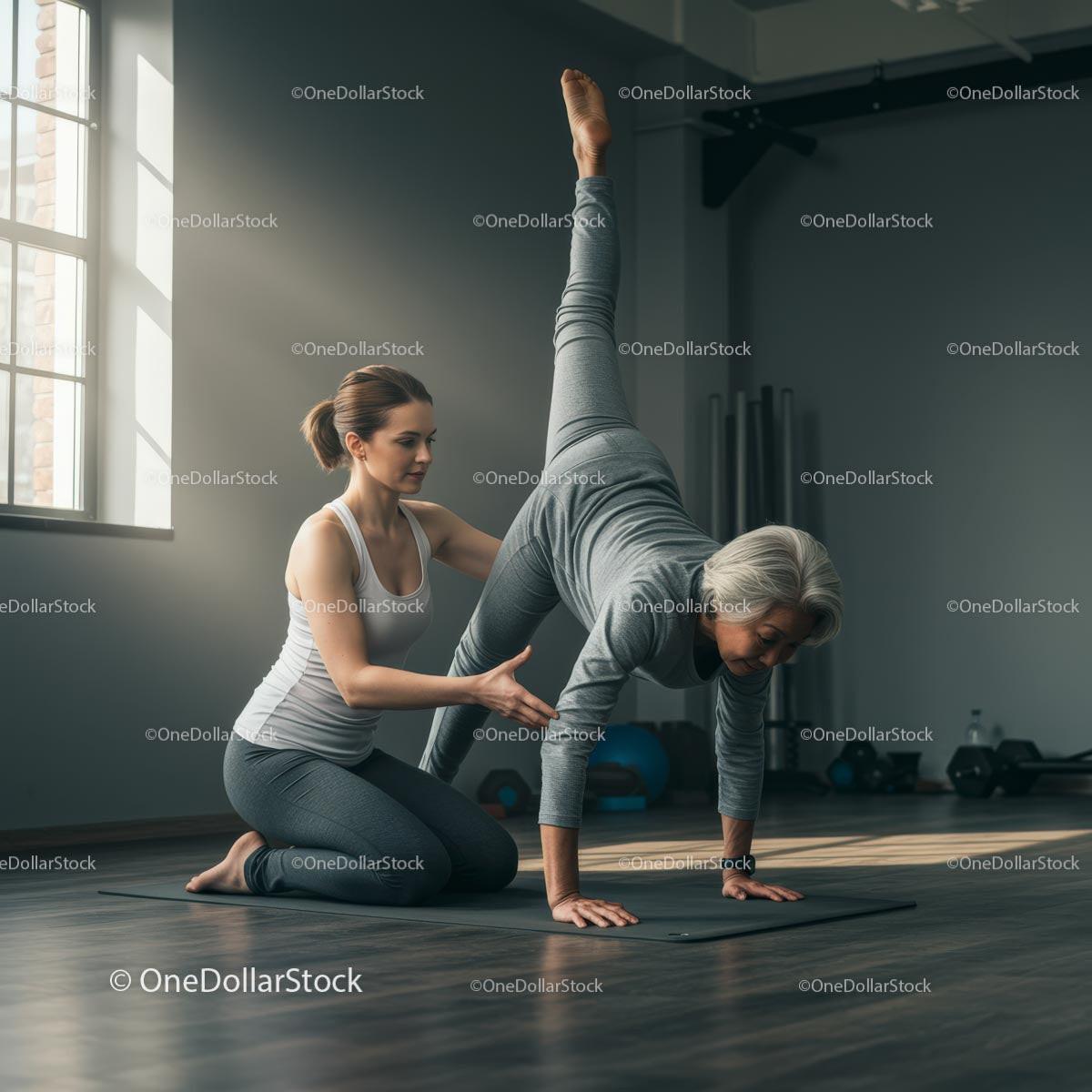 Yoga Instructor Assisting Senior Woman in Fitness Class
