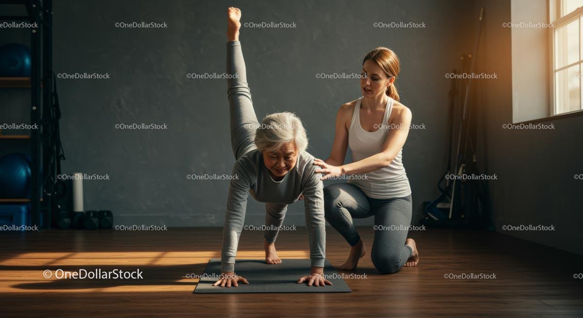 Senior Woman Practicing Yoga with Instructor Support
