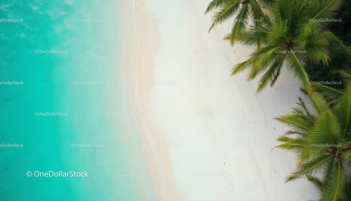 Aerial View of Tropical Beach with Palm Trees and Turquoise Waters