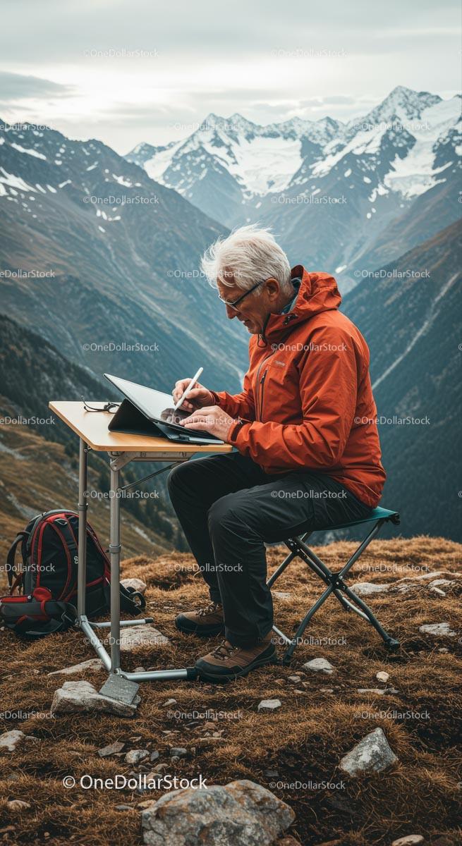 Senior Man Working on Laptop in Majestic Mountain Landscape
