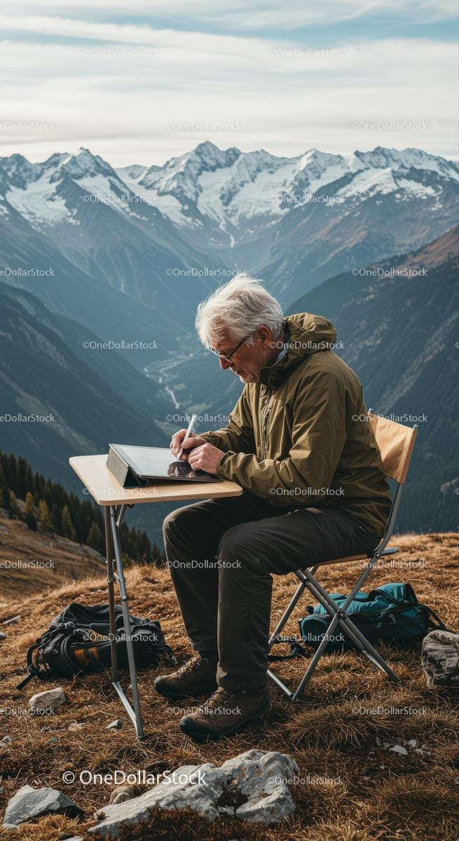 Senior Man Working Remotely in Scenic Mountain Landscape