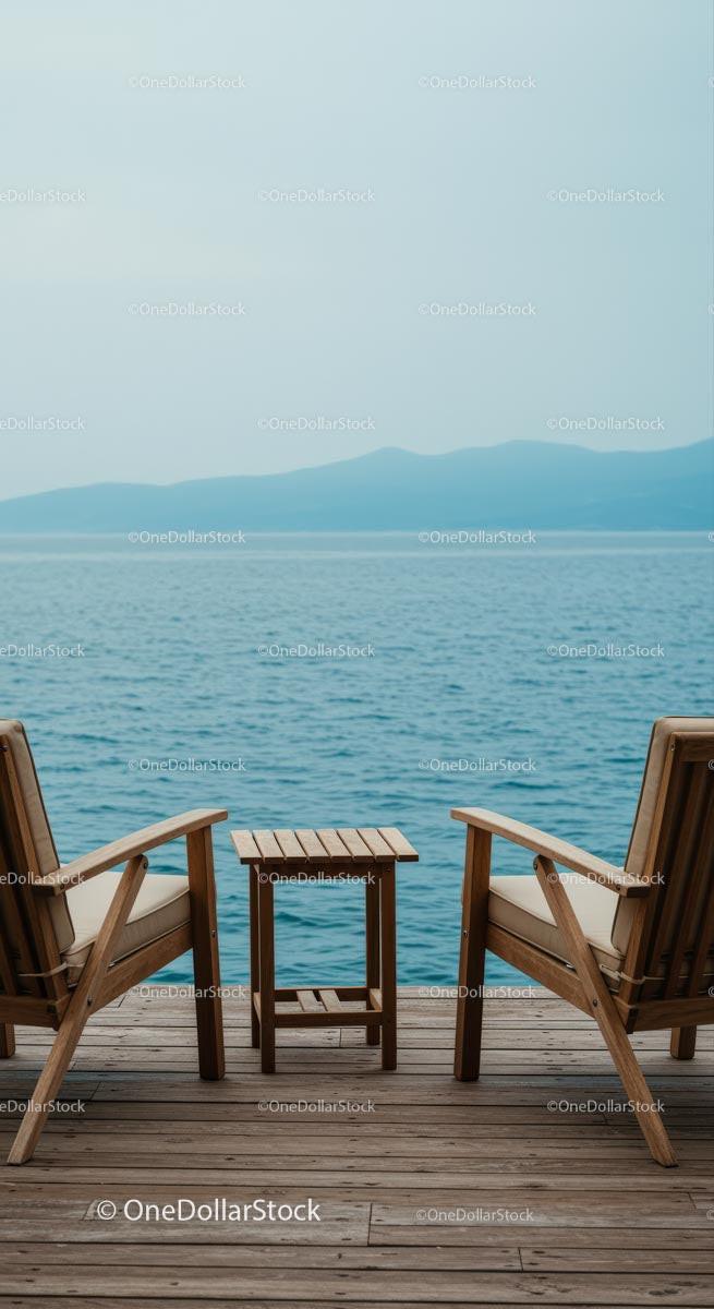 Serene Wooden Deck Chairs Overlooking Blue Ocean