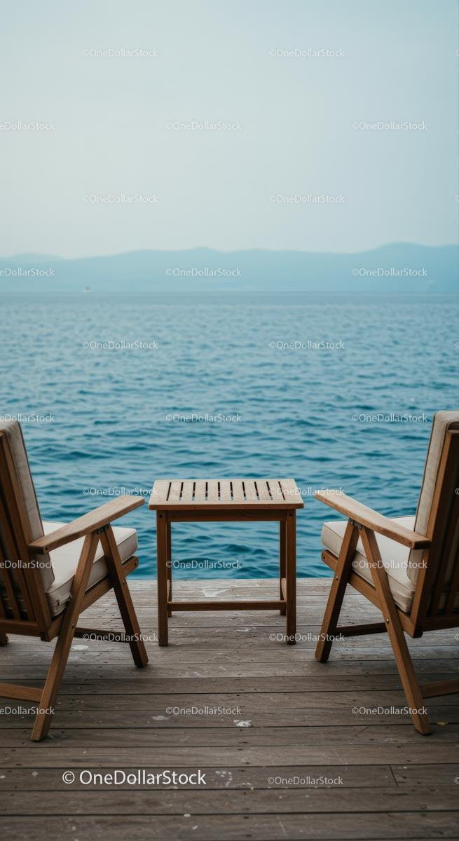 Relaxing Seaside View with Wooden Deck Chairs