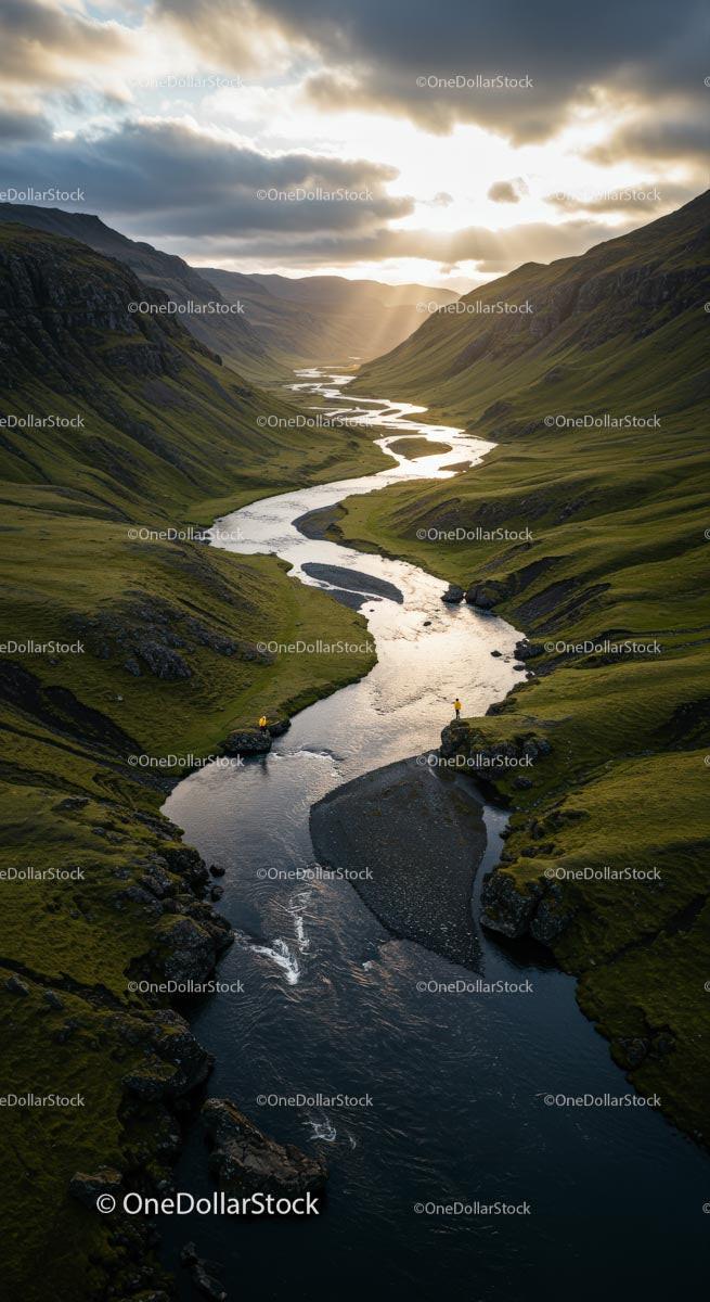 Winding River through a Green Valley at Sunset Stock Photo Bundle preview