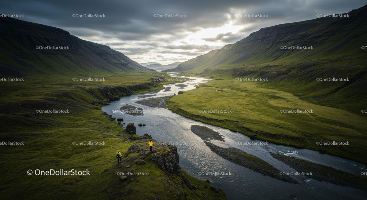 Hikers Exploring Serene Valley with Flowing River
