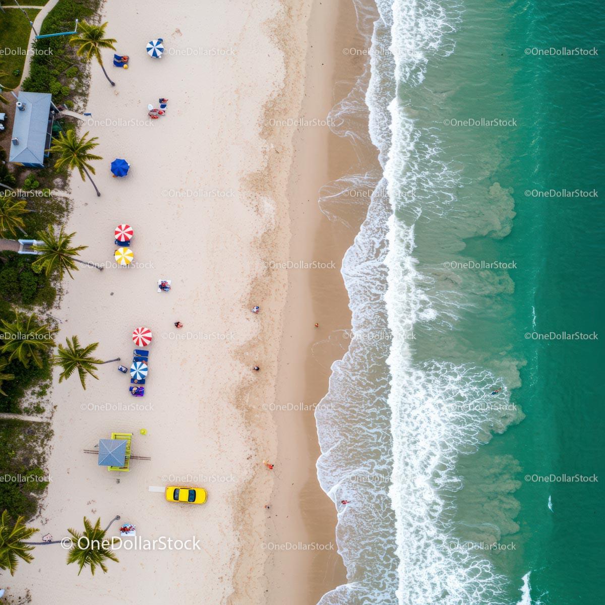 Aerial View of Tropical Beach with Colorful Umbrellas