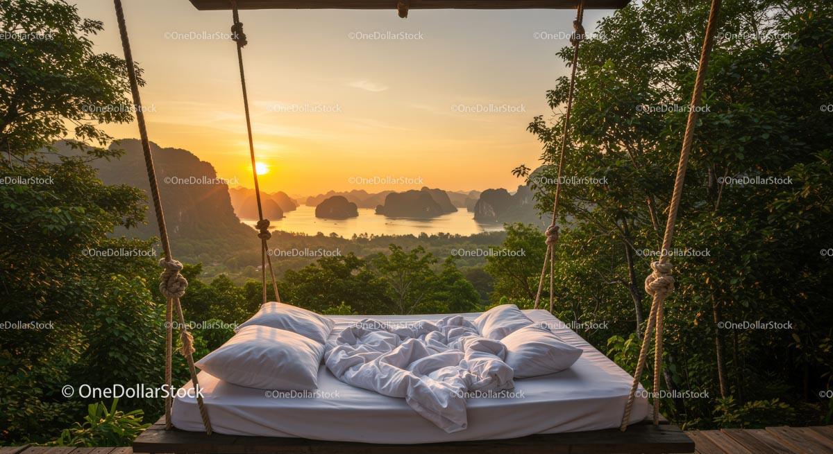Swing Bed Overlooking Tropical Sunset Landscape