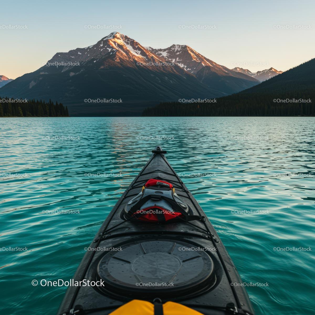 Kayaking on Mountain Lake at Sunset