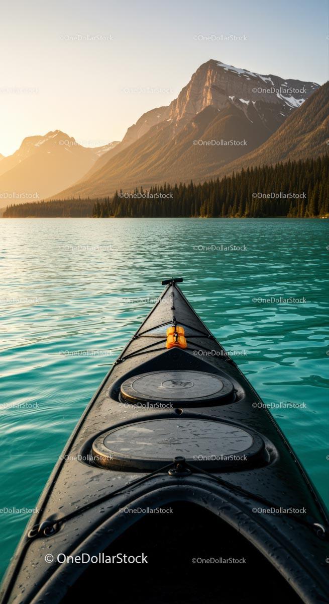 Kayak on Tranquil Lake with Mountain Sunset View