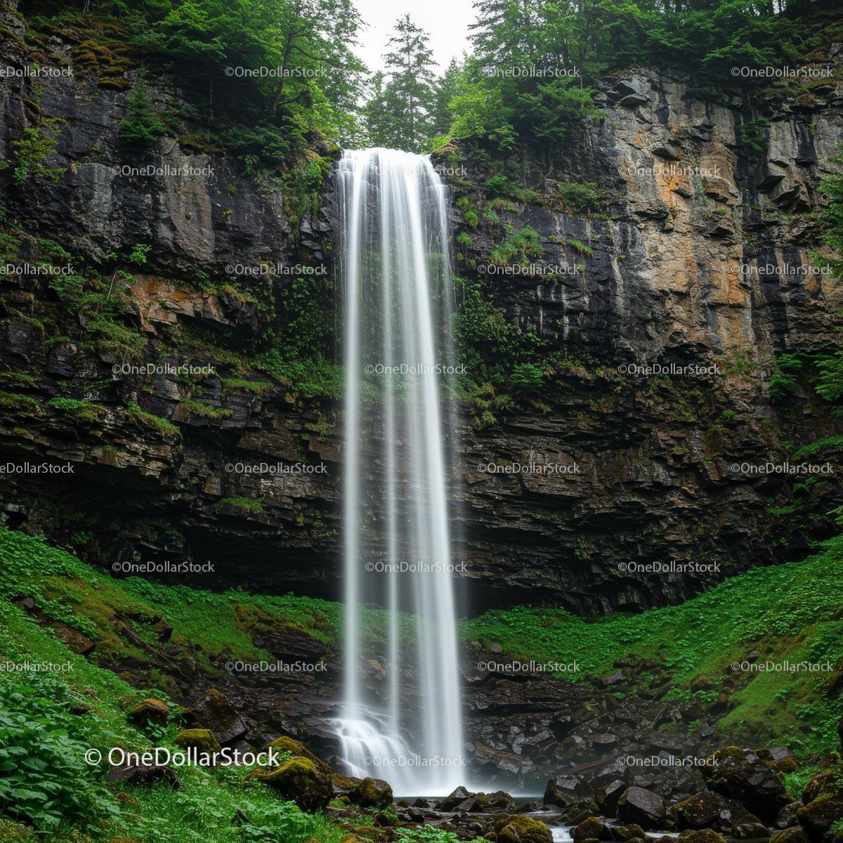 Majestic Forest Waterfall Cascading Over Cliffs