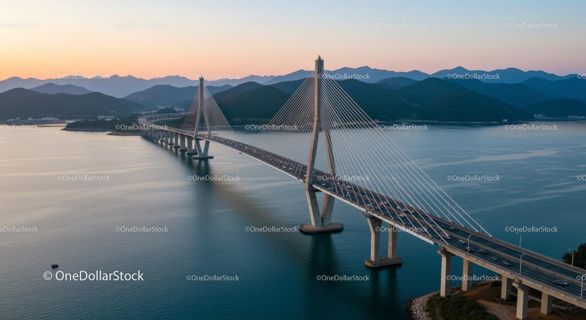 Cable-Stayed Bridge at Sunset with Mountain Backdrop