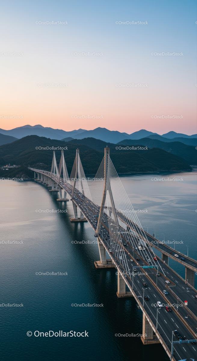 Cable-Stayed Bridge over Serene Waters at Sunset