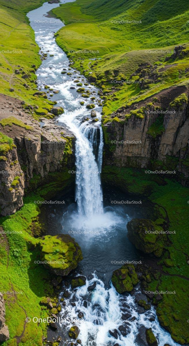 Majestic Waterfall Cascading Through Verdant Icelandic Hills