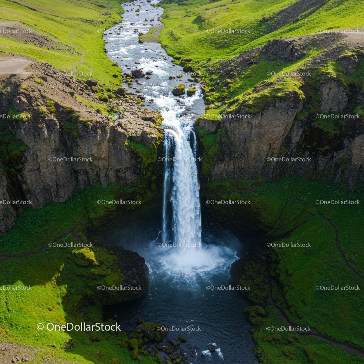 Majestic Waterfall in Lush Green Valley