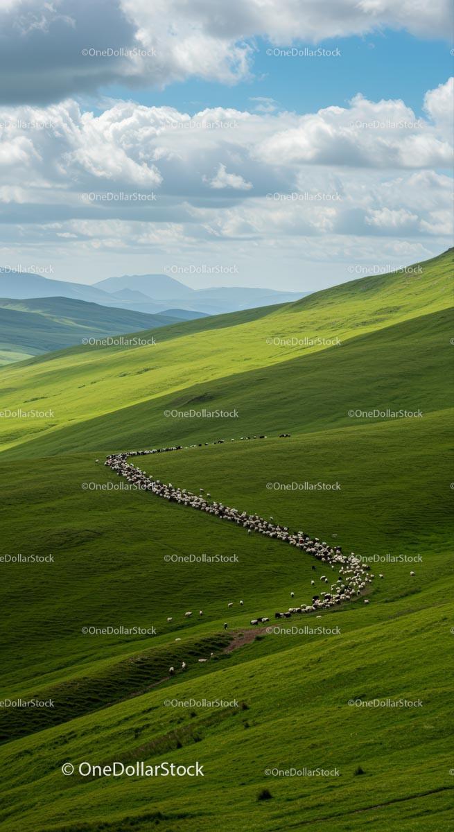 Flock of Sheep Grazing on Lush Green Hills under Blue Sky