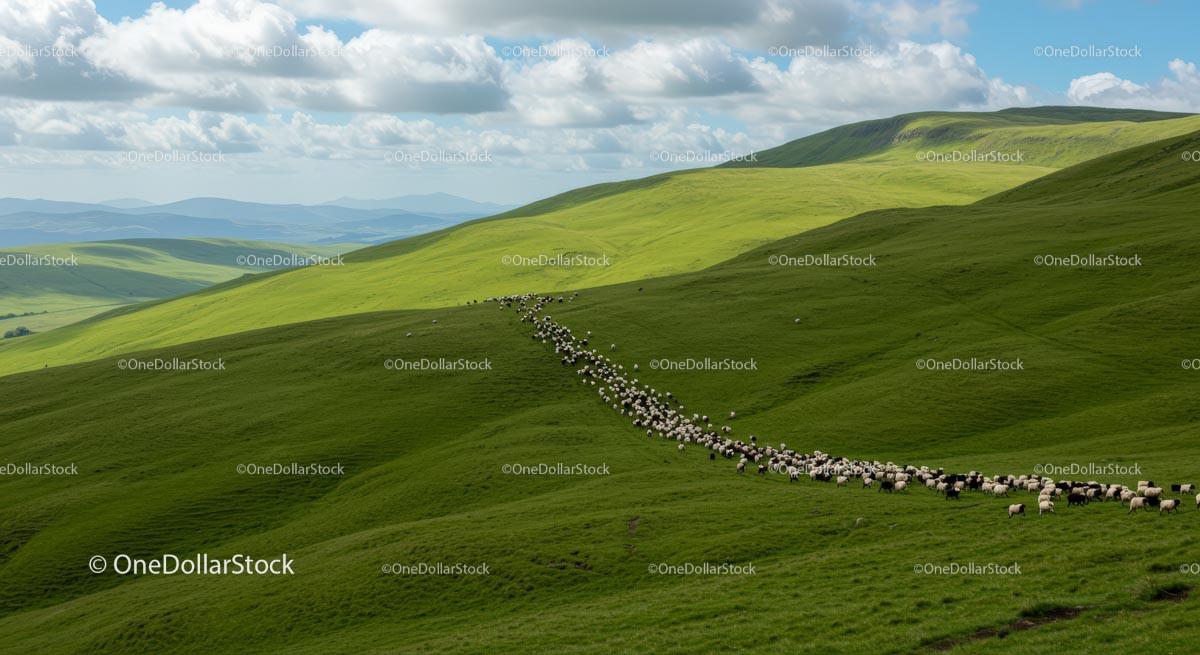 Flock of Sheep Grazing on Rolling Green Hills