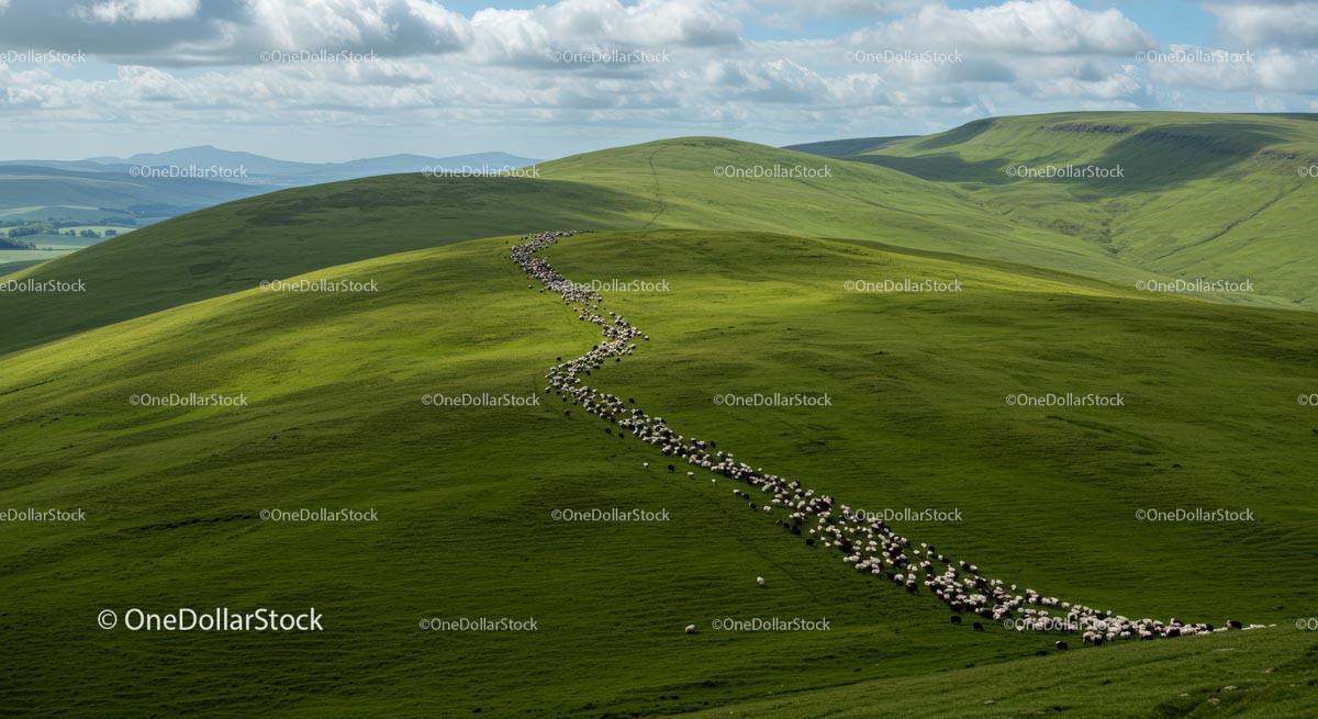 Herd of Sheep Grazing on Lush Green Rolling Hills