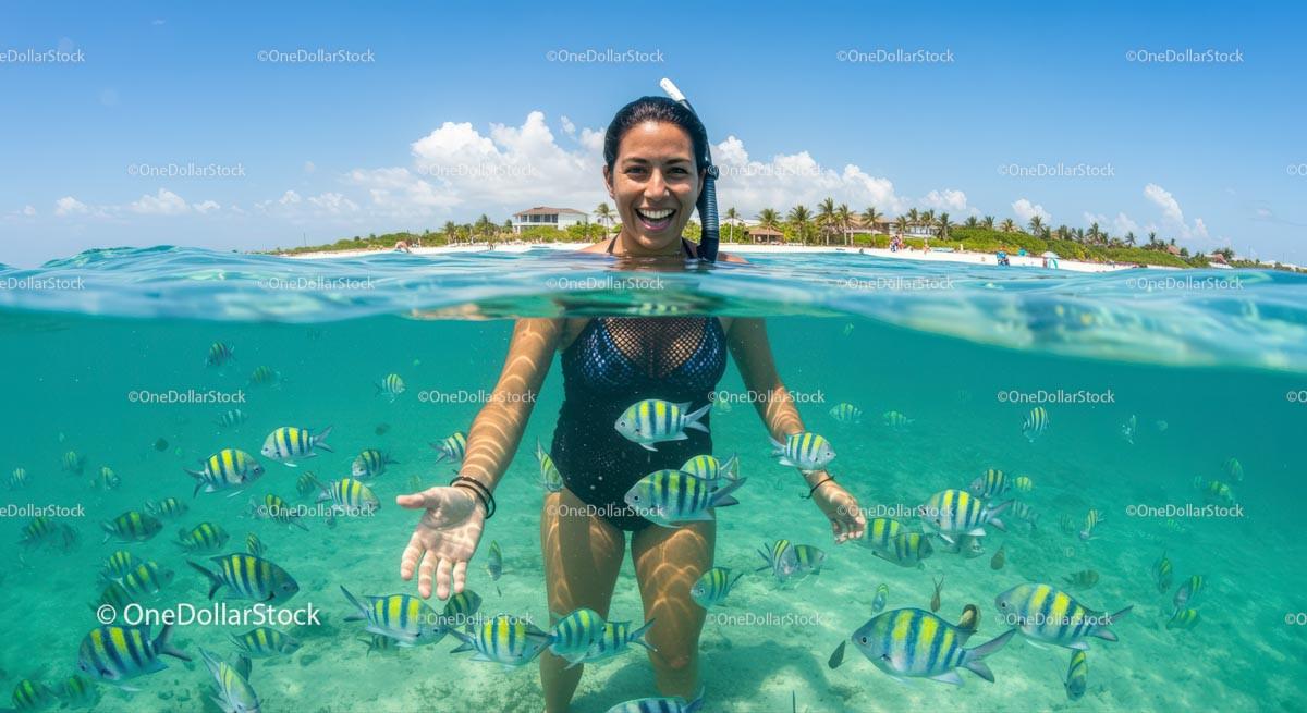 Woman Snorkeling with Colorful Fish in Tropical Waters