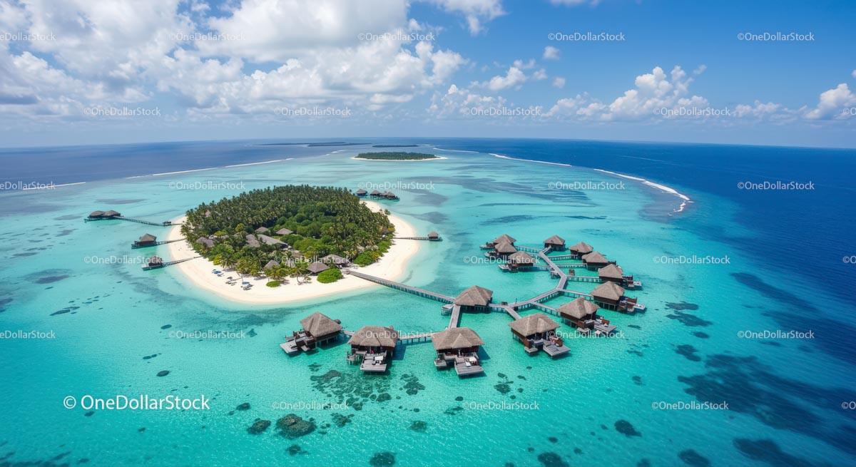 Aerial View of Tropical Island Resort with Overwater Bungalows