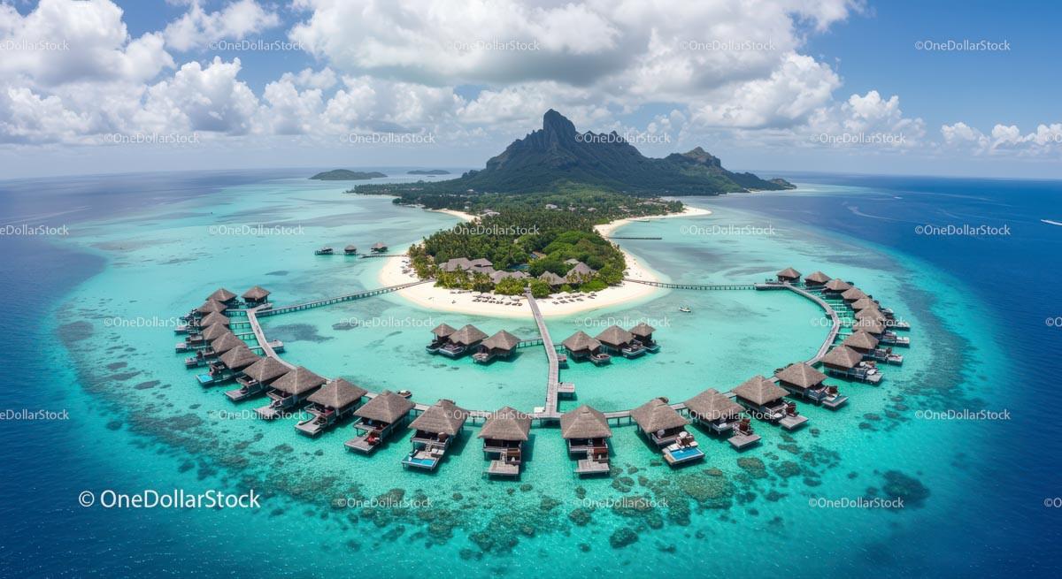 Aerial View of Tropical Island with Overwater Bungalows 16 JPG Files digital asset preview