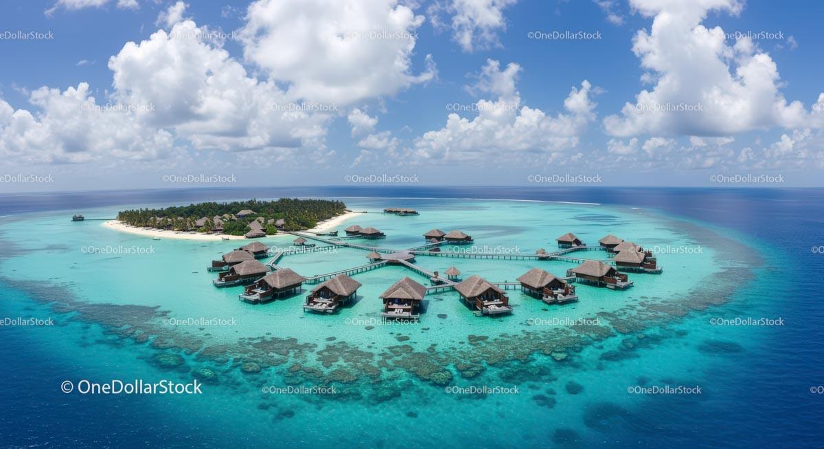stock photo bundle made with Aerial View of Tropical Island with Overwater Bungalows Stock Photo Bundle
