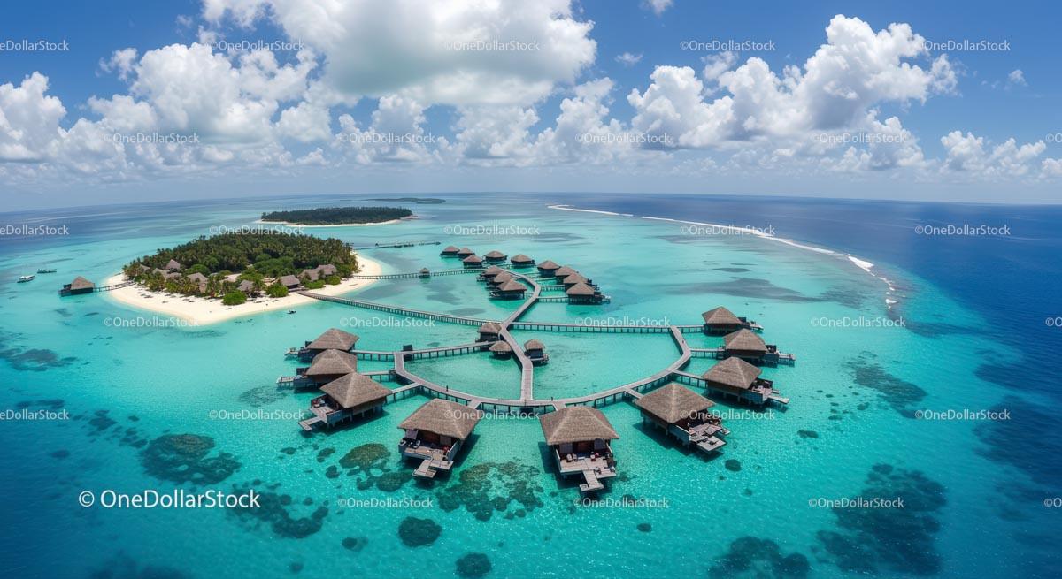 Aerial View of Tropical Island with Overwater Bungalows Stock Photo Bundle creative preview 4