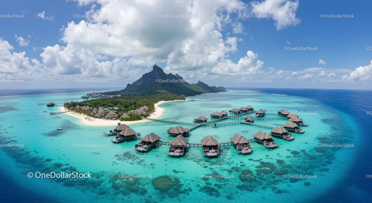 Aerial View of Tropical Island with Overwater Bungalows Stock Photo Bundle preview 5