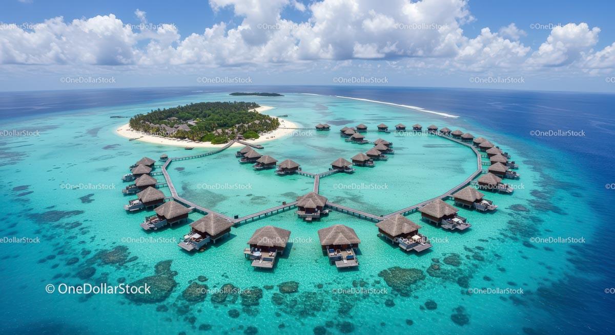 Aerial View of Tropical Island with Overwater Bungalows Stock Photo Bundle preview 7