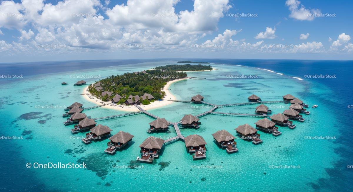 Aerial View of Tropical Island with Overwater Bungalows Stock Photo Bundle preview 10