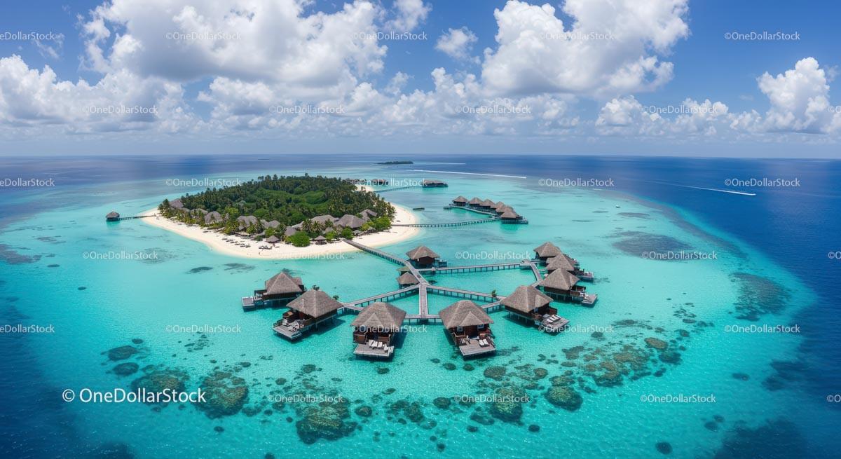 Aerial View of Tropical Island with Overwater Bungalows Stock Photo Bundle preview 11