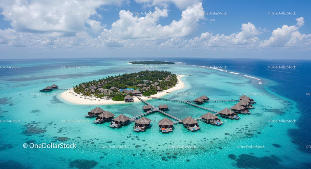 Aerial View of Luxury Overwater Bungalows in Tropical Island