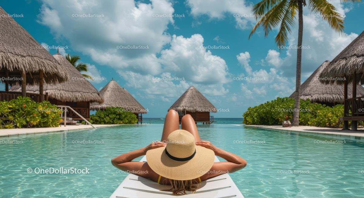 Woman Relaxing by the Pool at a Tropical Island Resort