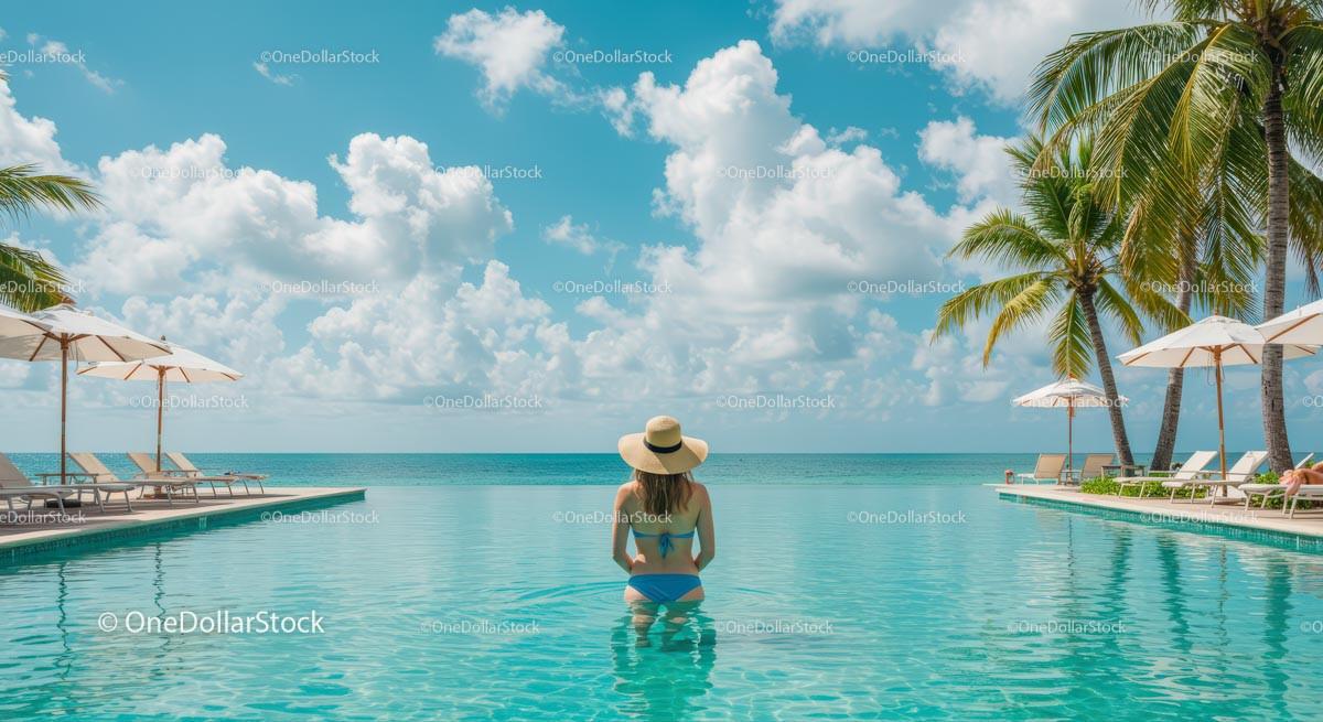 Woman Relaxing in Tropical Infinity Pool with Ocean View
