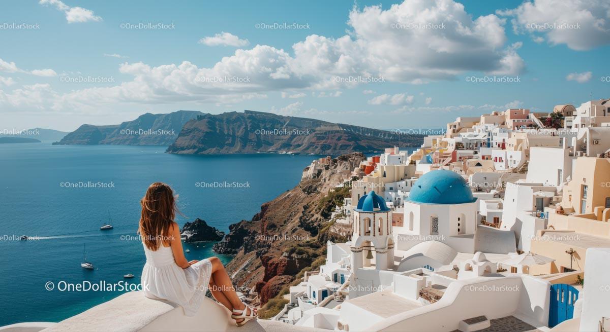 Woman Enjoying Santorini's Scenic View Stock Photo Bundle preview