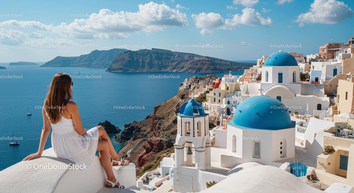 stock photo bundle made with Woman Enjoying Santorini's Scenic View Stock Photo Bundle