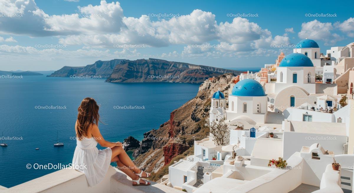 Woman Enjoying Santorini's Scenic View Stock Photo Bundle creative preview 4