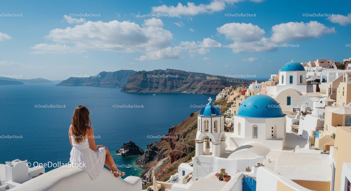 Woman Enjoying Scenic View of Santorini's Iconic Blue Domes