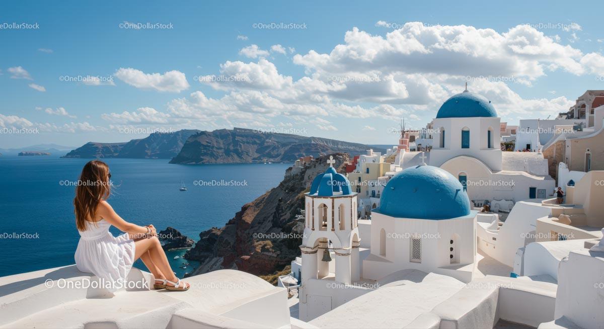 Woman Enjoying Santorini's Scenic View Stock Photo Bundle preview 7