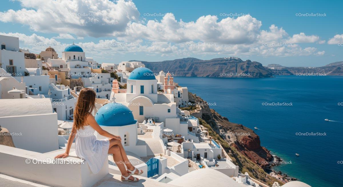 Scenic View of Santorini's Blue Domes and Aegean Sea
