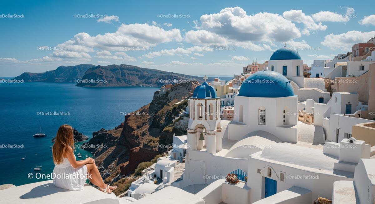 Woman Enjoying Santorini's Scenic View Stock Photo Bundle preview 11