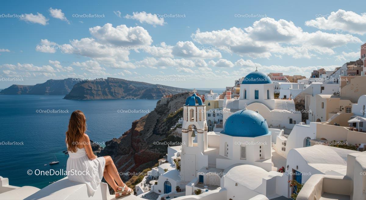 Woman Admiring Santorini's Iconic Blue Domes and Sea View