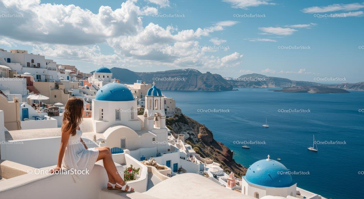 Woman Enjoying Santorini's Scenic View Stock Photo Bundle preview 13