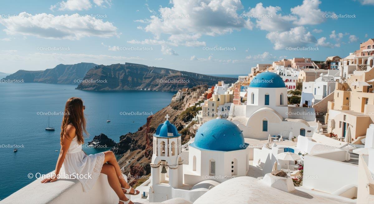 Woman Enjoying Santorini's Scenic View Stock Photo Bundle preview 14